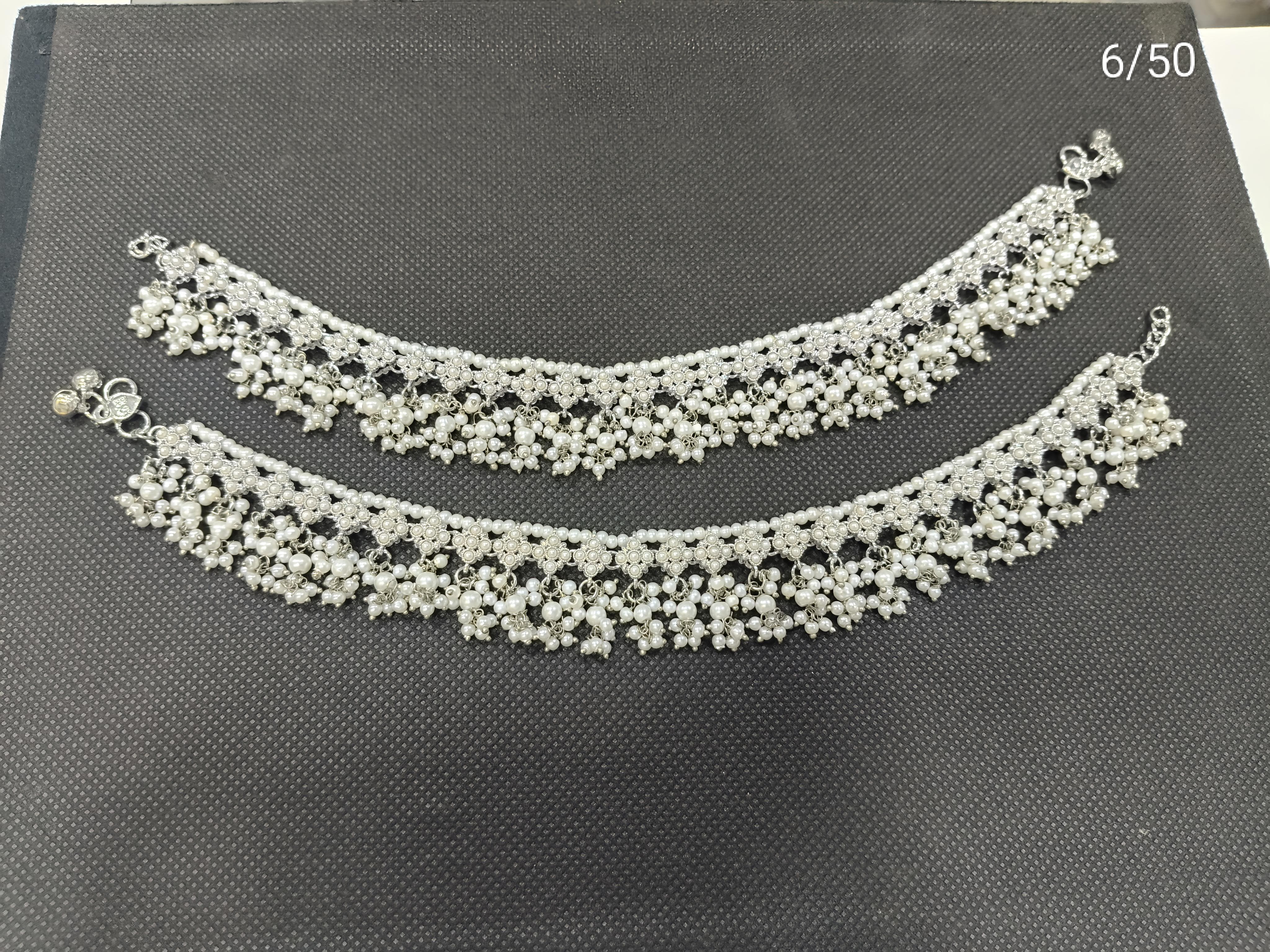 Traditional Pearl Cluster Anklet Set with Floral Stone Design – Bridal & Festive Wear